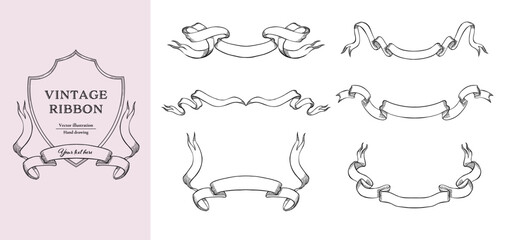 Black line vintage ribbons vector illustration set. Hand drawn line art for wedding design.