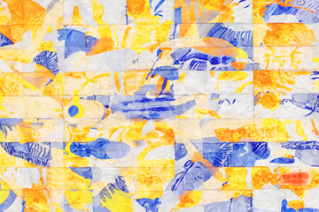 abstract blue and yellow painting , wall art print illustration