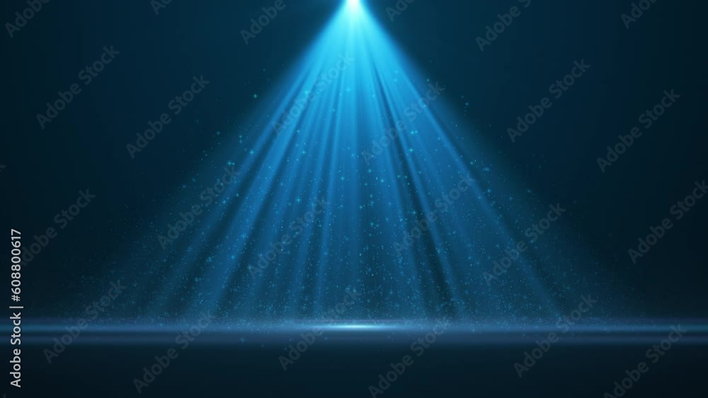 Poster 4k spotlight with flying particles. blue color rays. empty scene with light for product. background.