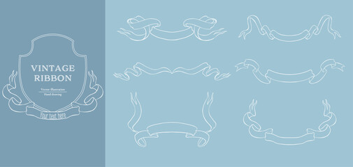 White line vintage ribbons vector illustration set. Hand drawn line art for wedding design.
