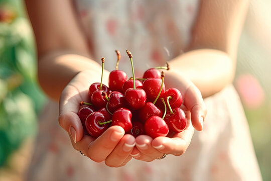 Female hands hold an cherry on a sunny background. Close-up. Generative AI