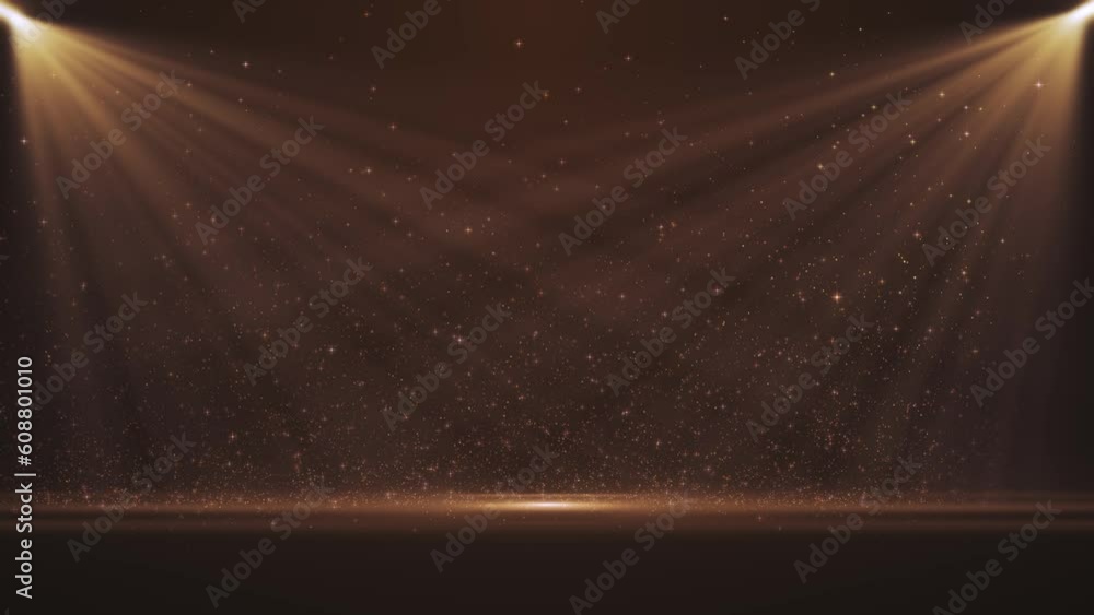 Poster 4k spotlight with flying particles. gold color rays. empty scene with light for product. background.