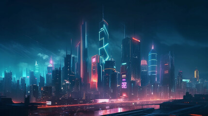 Fototapeta premium Futuristic City at Night, Generated Ai