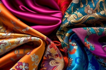 Vibrant Patterns: Different Pieces of Silk Fabric, Generative AI