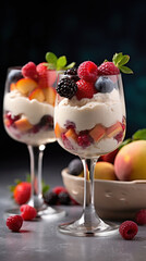 Ice cream dessert with fruits created with genertive AI.