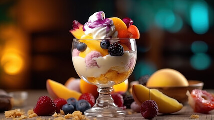Ice cream dessert with fruits created with genertive AI.