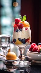 Ice cream dessert with fruits created with genertive AI.