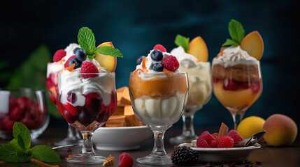 Ice cream dessert with fruits created with genertive AI.