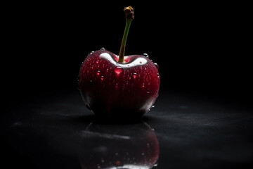 A singular perfect Cherry sitting on a shiny surface with a black background AI-generated art, Generative AI, illustration