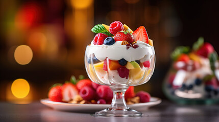 Ice cream dessert with fruits created with genertive AI.