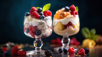 Ice cream dessert with fruits created with genertive AI.