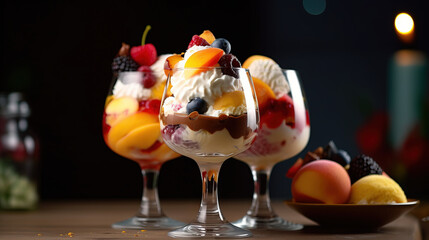 Ice cream dessert with fruits created with genertive AI.