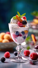 Ice cream dessert with fruits created with genertive AI.
