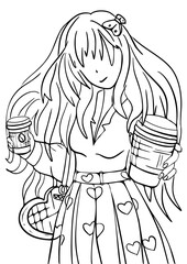 vector Anime girl with Paper cup of coffee.hand drawing ,coloring page,black and white
