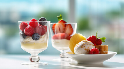 Ice cream dessert with fruits created with genertive AI.