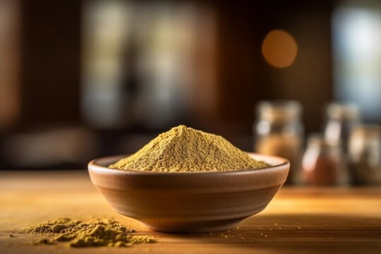 cumin powder in a rustic ceramic bowl on a wooden table