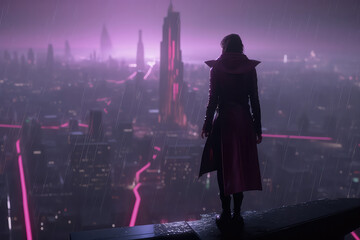 Frau blickt über futuristische Stadt, Video Game