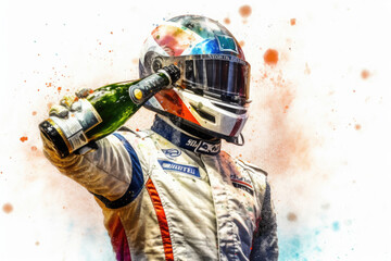 Motorsports championship. Formula 1 driver in helmet celebrates winning the Grand Prix. Portrait of champions racer - obrazy, fototapety, plakaty