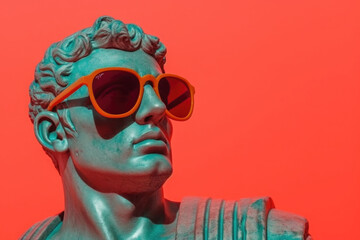 Gypsum statue in sunglasses on colored abstract background. Creative aesthetic contemporary art collage. Fashion wallpaper. Created with Generative AI - obrazy, fototapety, plakaty