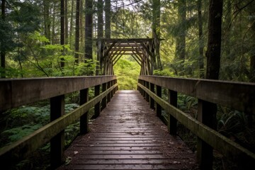 Obraz premium a wooden walkway in the woods leading to the forest Generative AI