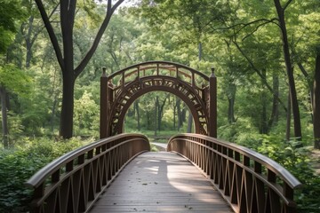 Fototapeta na wymiar bridge with railings through a wooded area with trees Generative AI