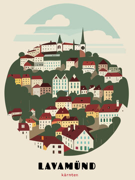 Lavamünd: Beautiful vintage-styled poster with an Austrian cityscape with the name Lavamünd in Kärnten