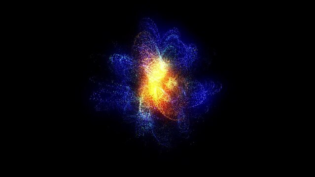 Particles cloud. Neon dots. Technology motion background. Graphic design. Blue and Orange color. Isolated on black. Overlay. Seamless loop. 4k 60fps. Bokeh lights.
