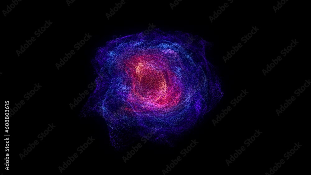 Poster round colorful particles cloud. glowing neon particle storm. slowmotion. wavy dots. technology motio