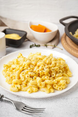 Plate of tasty Italian pasta with Cheddar cheese on light background