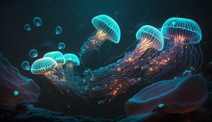 Glowing sea jellyfishes on dark background. Generative AI.