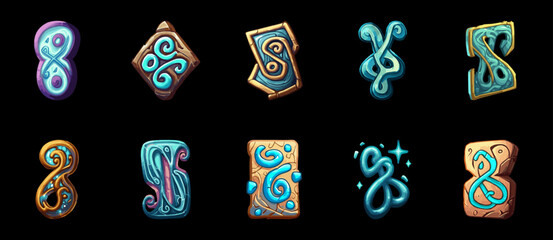 Fototapeta premium Game artefact icon set isolated on black background. Trendy for website, apps and UI. Eps10 vector illustration.