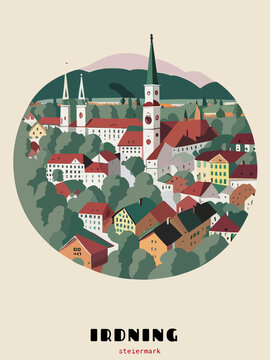 Irdning: Beautiful vintage-styled poster with an Austrian cityscape with the name Irdning in Steiermark