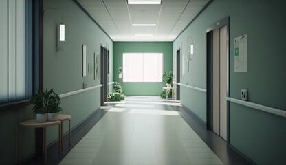 Long hospital bright corridor with rooms and seats. Generative AI.