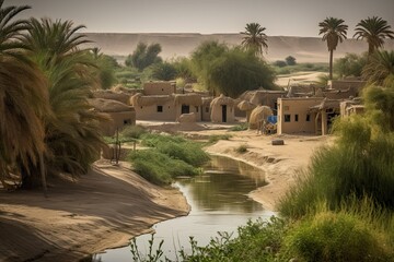African river flowing next to the village - obrazy, fototapety, plakaty