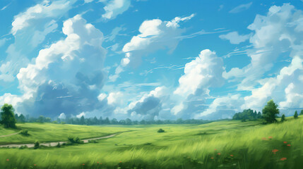 Obraz premium landscape drawing of a green field with clouds in the sky, in style of digital painting, generative ai 