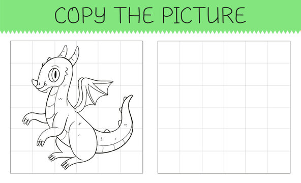 Copy the picture is an educational game for kids with cute dragon. Cute cartoon dragon coloring book. Vector illustration.
