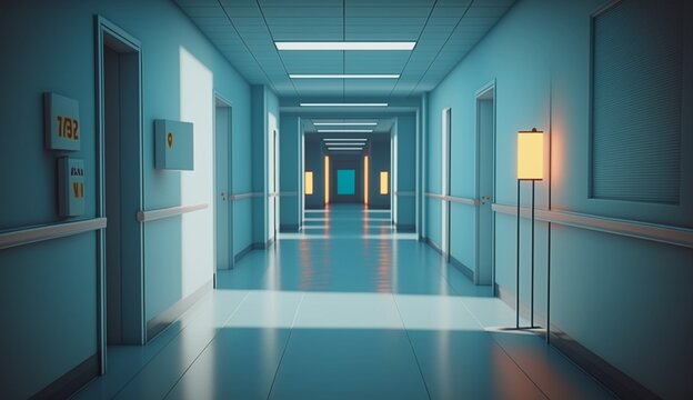 Long hospital bright corridor with rooms and seats. Generative AI.