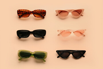 Stylish sunglasses on beige background