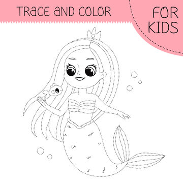 Trace and color coloring book with mermaid for kids. Coloring page with cute cartoon mermaid. Vector square illustration.