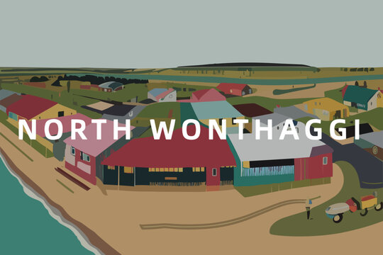 North Wonthaggi: Modern illustration of an Australian scene with the name North Wonthaggi in Victoria