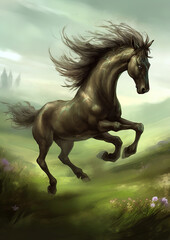 Powerful horse galloping through a meadow, generative ai 