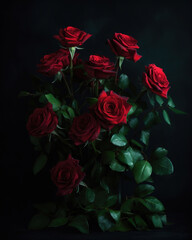 Red Roses with Green Leaves on a Dark Background, generative ai 