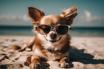 Happy and cute dog with glasses on the beach. Generative AI.
