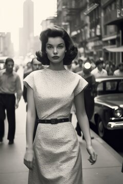young woman walking in paris in 1950. monochromatic vintage. This image was created with generative AI	