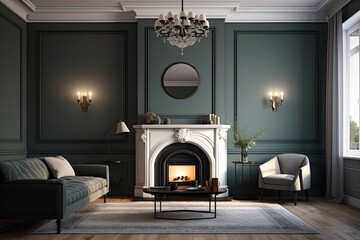 Modern fireplace in victorian style room. Generative AI. - obrazy, fototapety, plakaty
