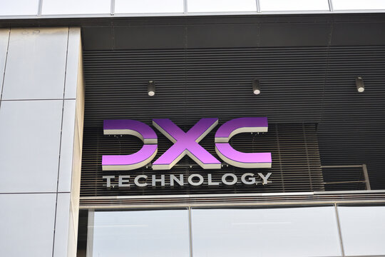 DXC Technology logo, signage logo on the facade. American multinational information technology services and consulting company. WARSAW, POLAND - MAY 21, 2023