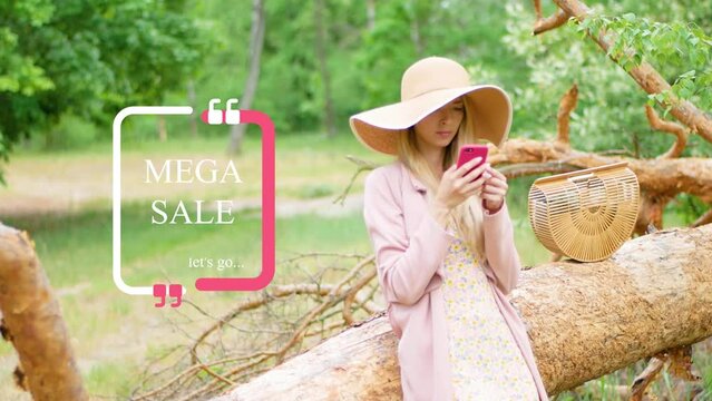 Young attractive woman in a hat is shopping online through a smartphone. Feels excited, happy and surprised at discounts in online store with omnichannel e-commerce concept . With animation template M
