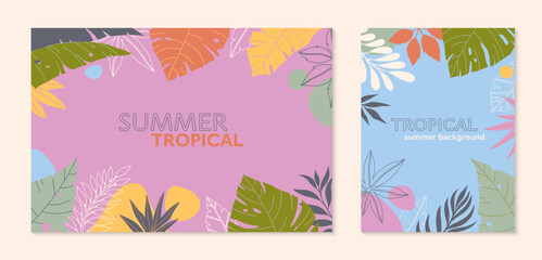 Fototapeta na wymiar Summer vector illustrations in trendy flat style with copy space for text.Abstract backgrounds with tropical leaves,plants.Tropical banners for social media,posters,prints.Cover design templates.