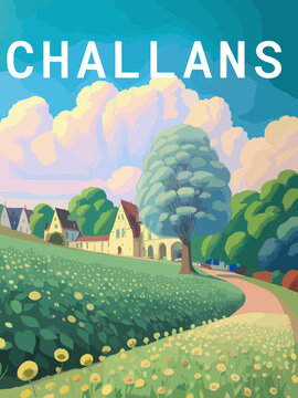 Challans: Retro tourism poster with a French landscape and the headline Challans / Pays de la Loire