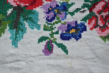 ornament of Ukrainian embroidery, flowers of Ukrainian embroidery, embroidered flowers on home-made fabric